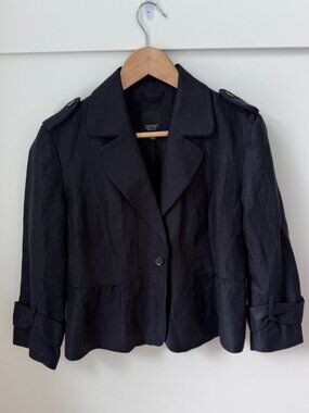 ESPRIT Collection Black Linen Blend Cropped Blazer Jacket Shoulder Epaulets